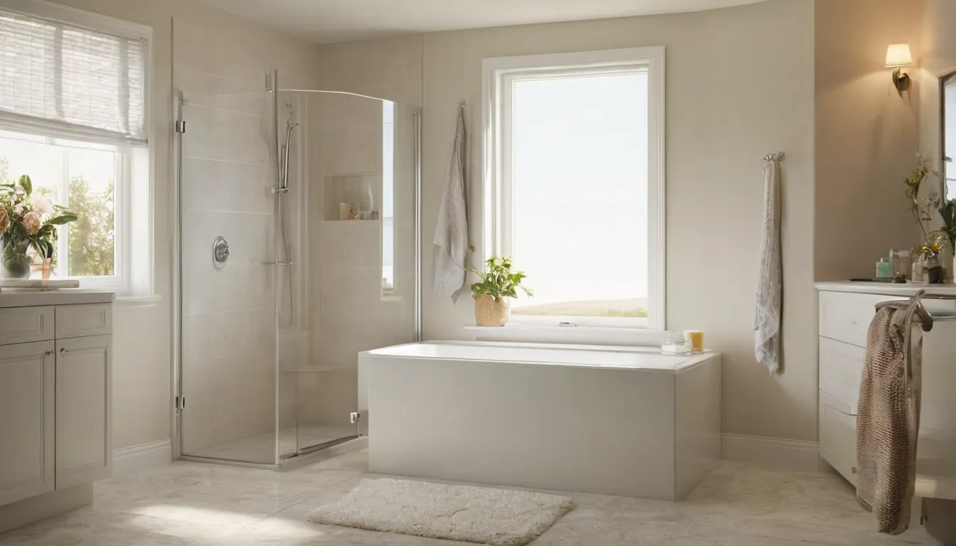 Smiling senior homeowner looking at a walk-in tub in a bright bathroom in the Rockville area